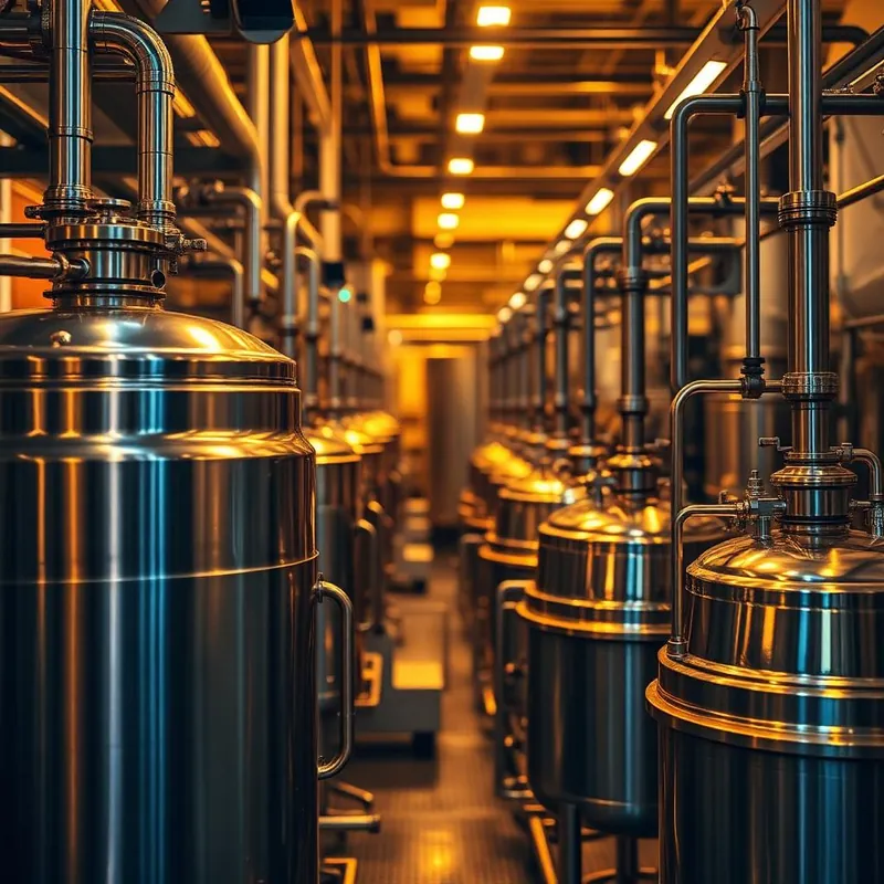 Reatores industriais de aço inox, com tubulações, enfileirados em um corredor da fábrica de cosméticos