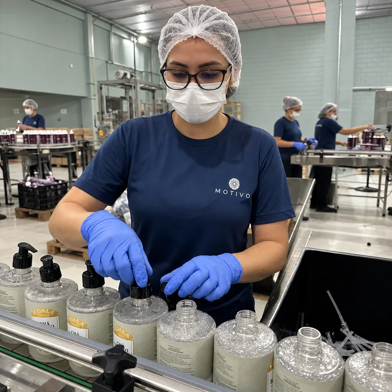 Colaboradora da MOTIVO de touca, máscara, óculos e luvas azuis encaixa as bombas dosadoras em frascos transparentes na linha de envase, com outras colaboradoras ao fundo