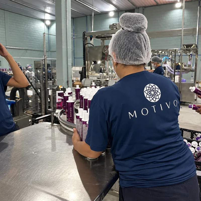 Colaboradora da MOTIVO, vista de costas com a camisa azul da marca, acompanha frascos roxos em uma esteira giratória da linha de envase
