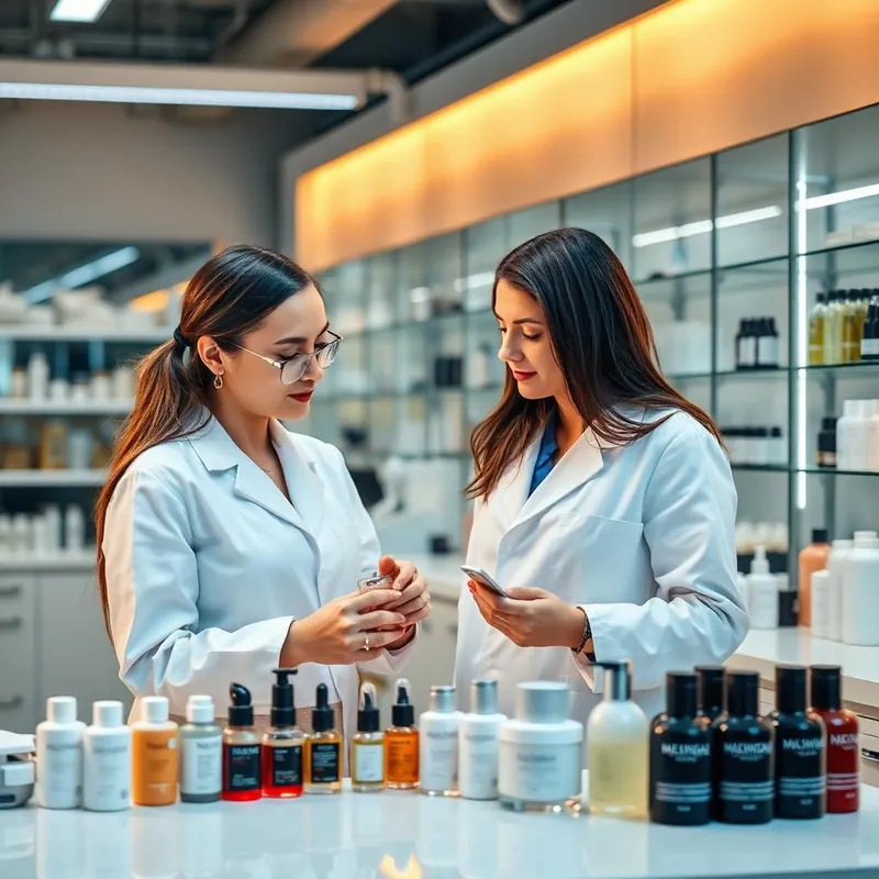 Bancada de laboratório com frascos de cosméticos de vários formatos e as mãos de duas pesquisadoras avaliando uma amostra